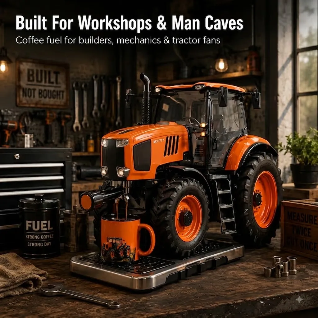 Tractor coffee machine placed on farmhouse kitchen counter