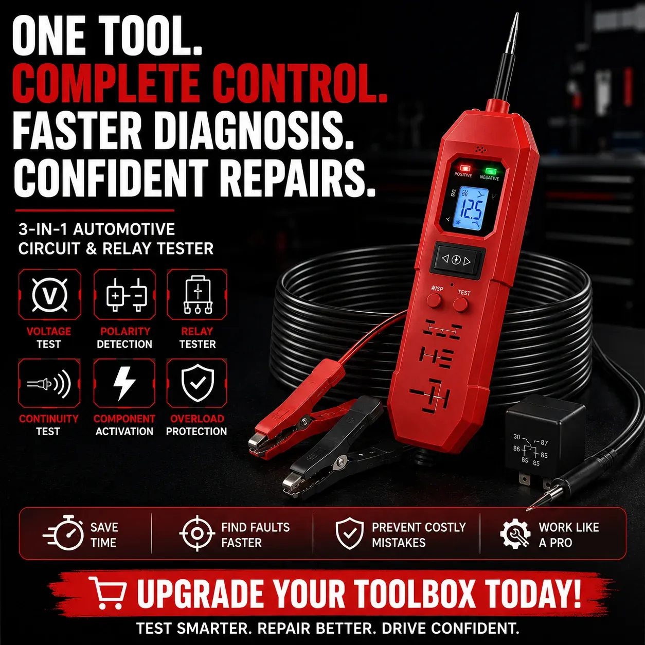 Complete 3-in-1 automotive circuit and relay tester kit