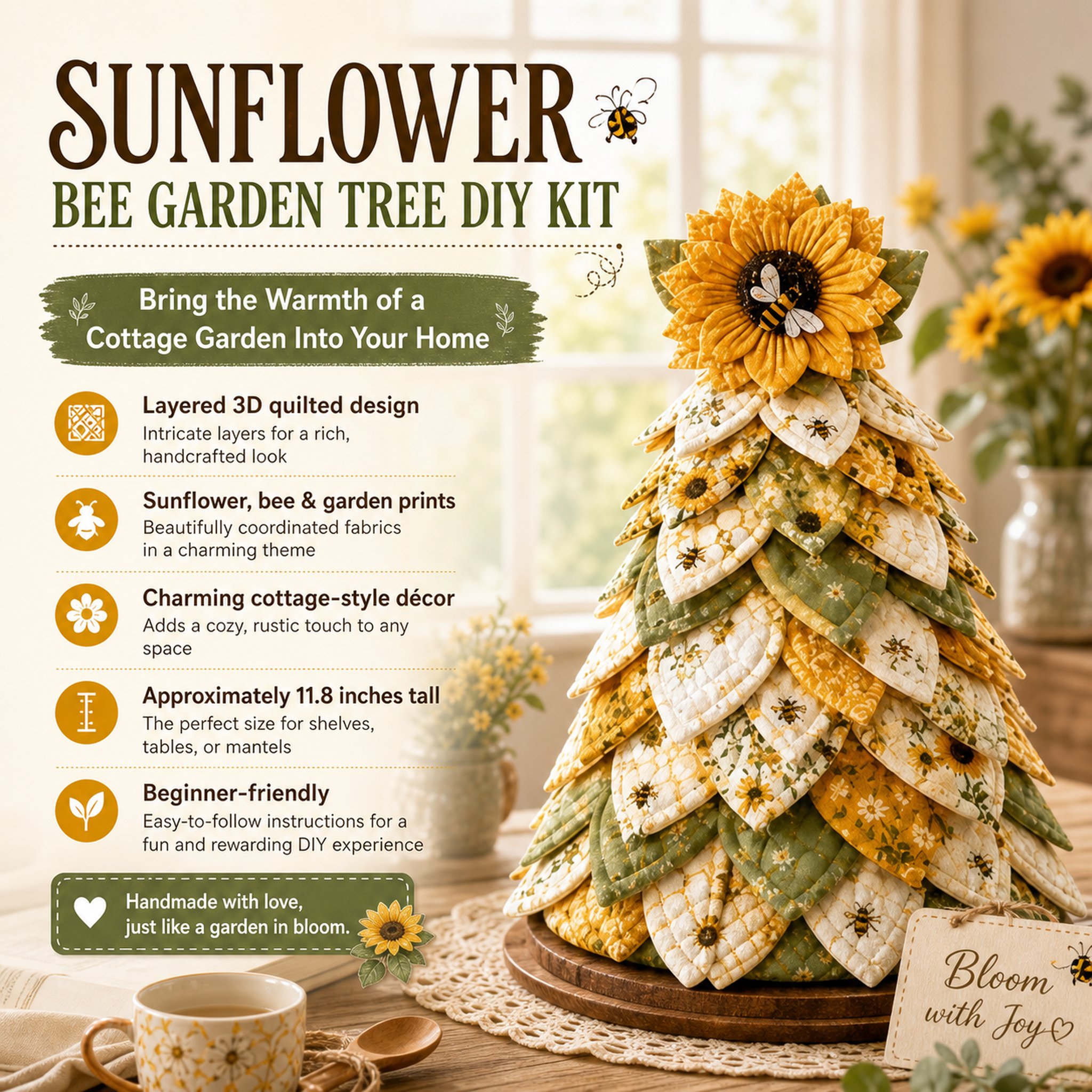 Finished Sunflower Bee Garden Tree DIY Kit tabletop cottage decor display