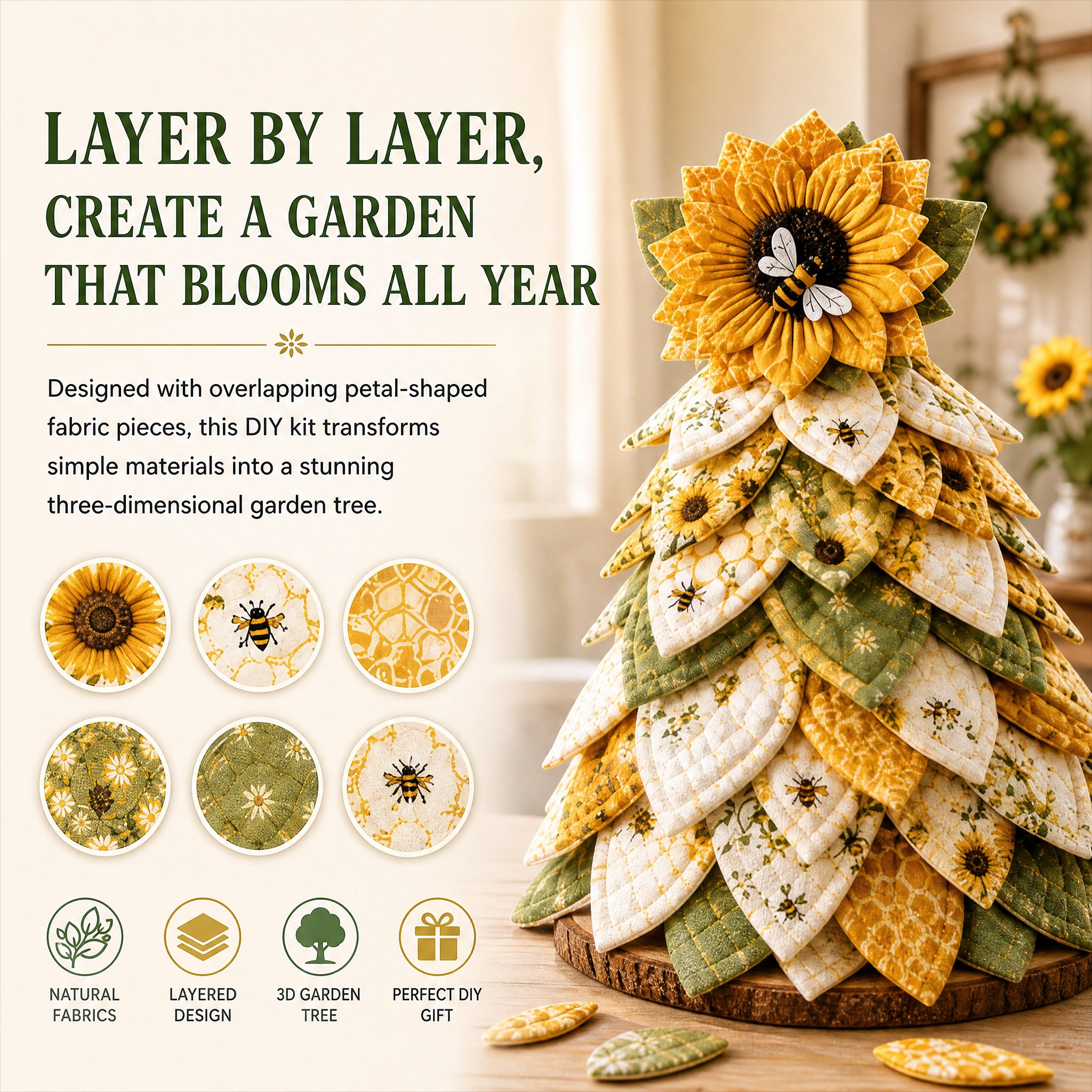 Layered 3D quilted sunflower bee garden tree DIY craft kit fabric pieces