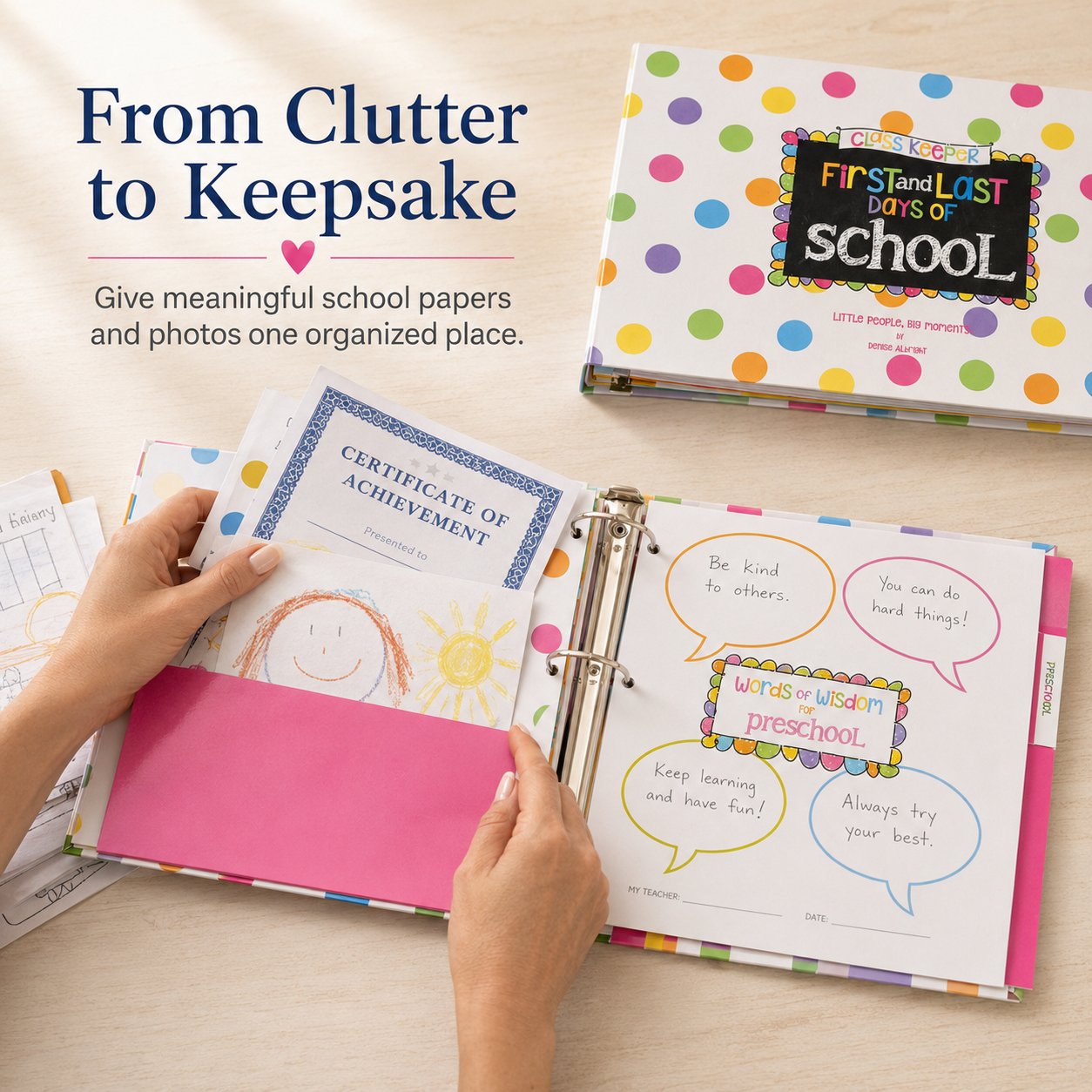 School memory binder being used to organize a child's certificate, artwork and written memories