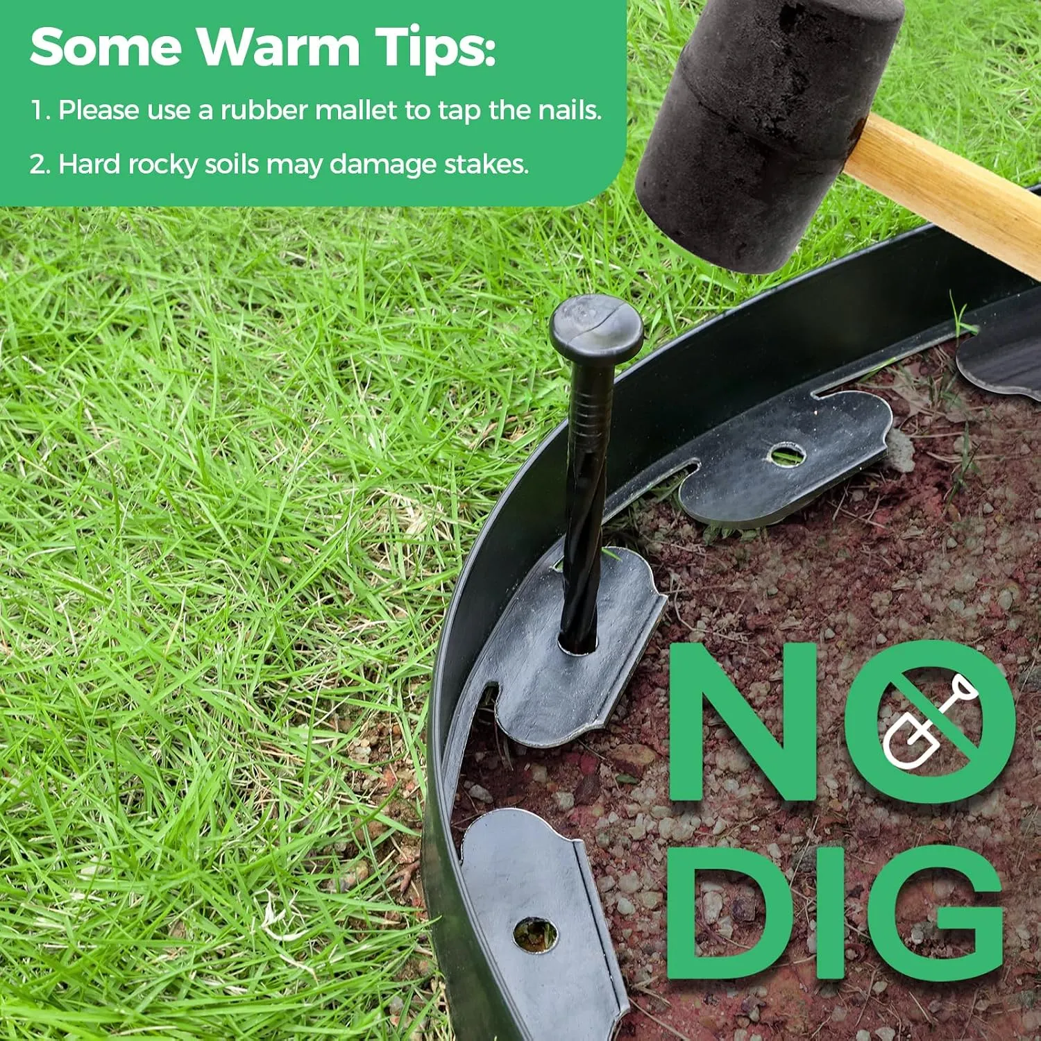 No dig landscape edging being secured with an anchoring stake and rubber mallet