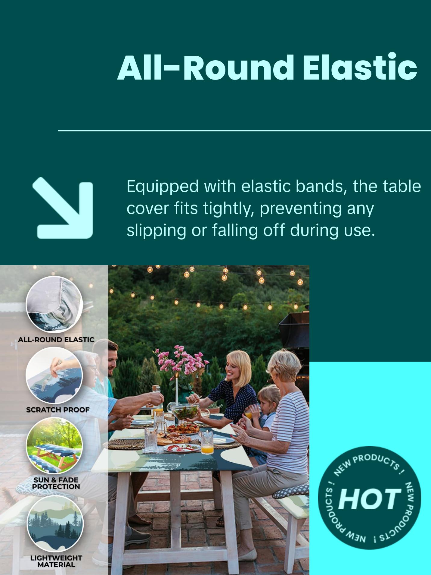 RNOONY Stretch Tablecloth with Bench Covers & Carrying Bag - Waterproof Polyester Picnic Table Cover Set for Outdoor Patio Furniture - 72"x30" Fitted Tablecloth with Elastic All Around - Machine Washable & Durable Design