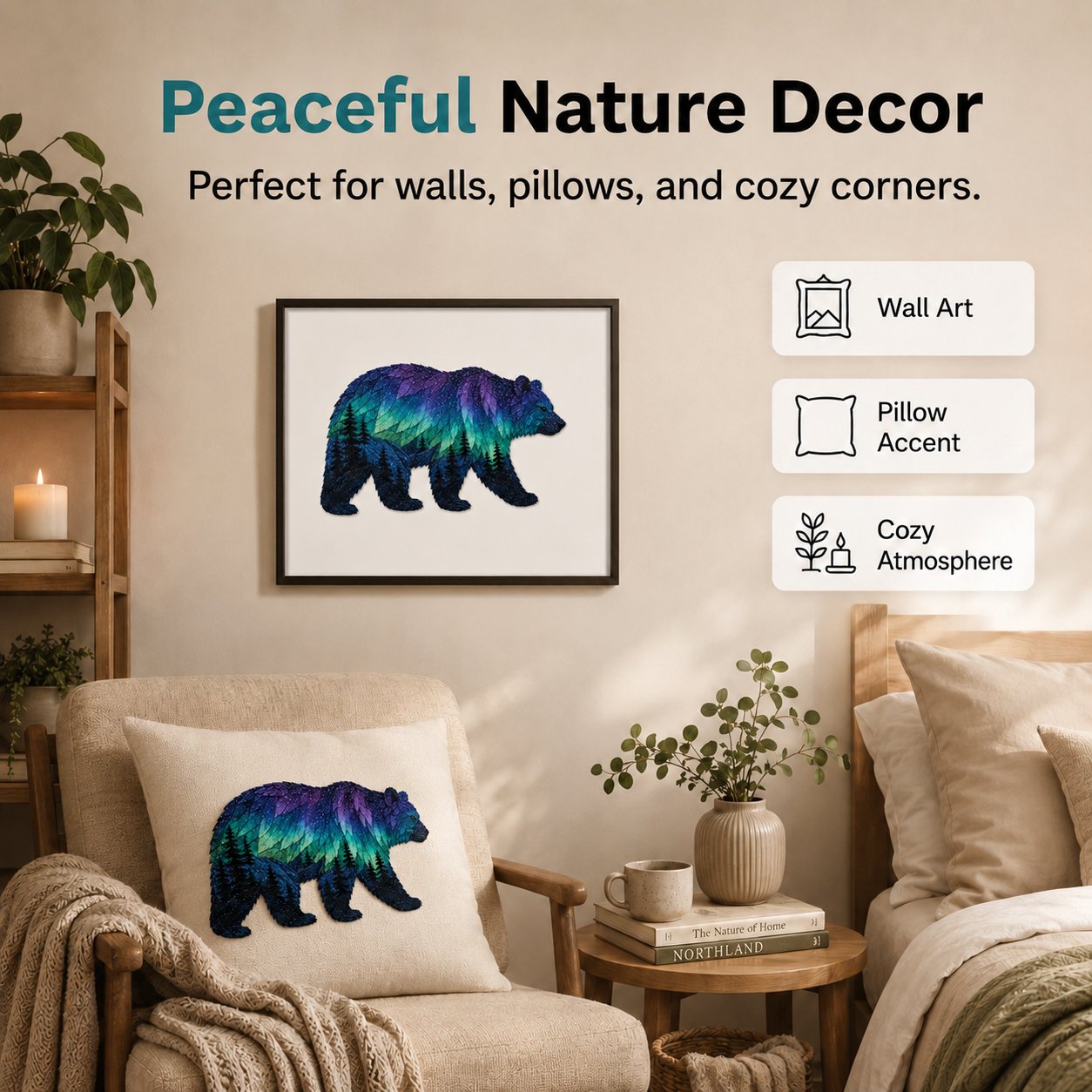 Finished Northern Lights animal patchwork displayed as woodland home decor