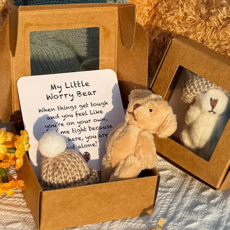 Mini teddy bear with a removable knitted beanie