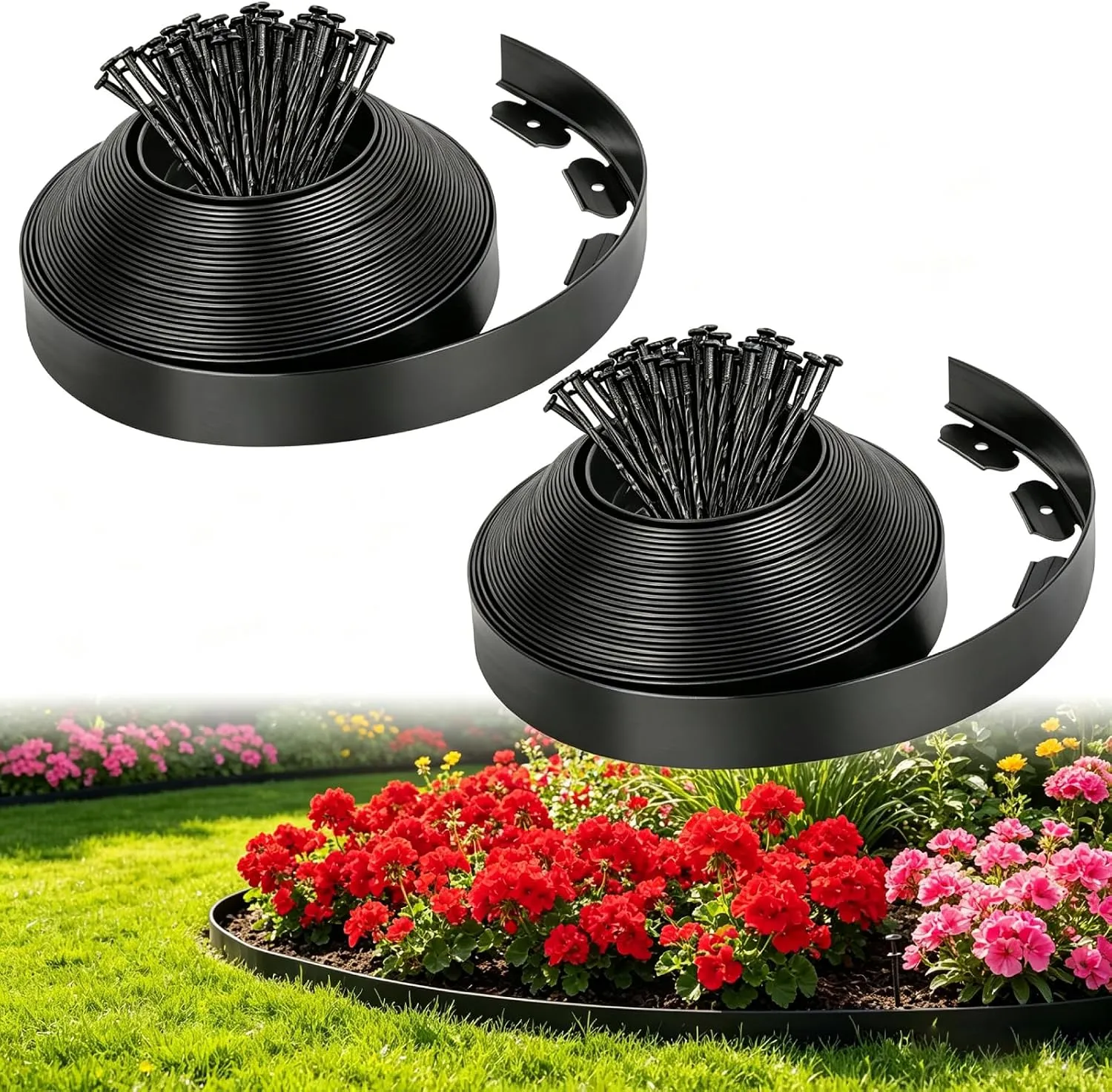 Flexible black landscape edging kit with anchoring stakes