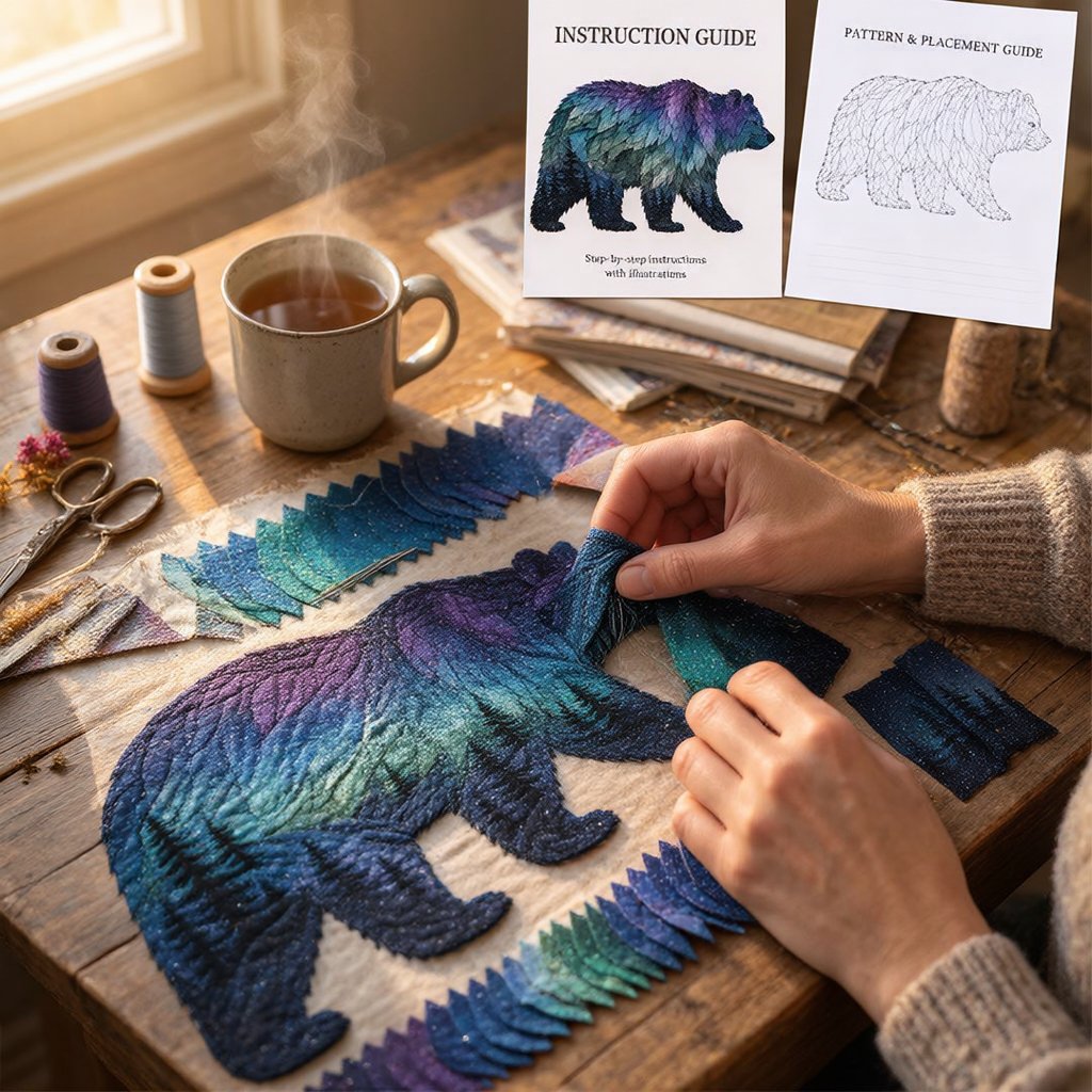 Layered Northern Lights wildlife fabric patchwork artwork