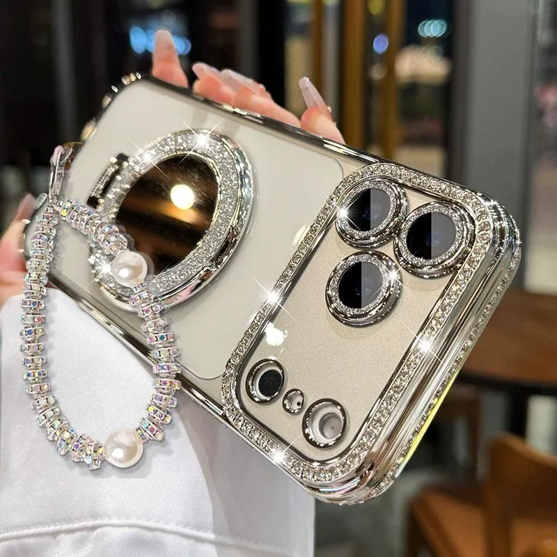 Sparkling Diamond Women's Phone Case with Mirror & Stand for iPhone 12/13/14/15/16/17 Pro Max,17Air,14/15/16 Plus - Silver / iPhone17 / The first 100 customers who place an order today will receive a free phone charm identical to the one pictured!