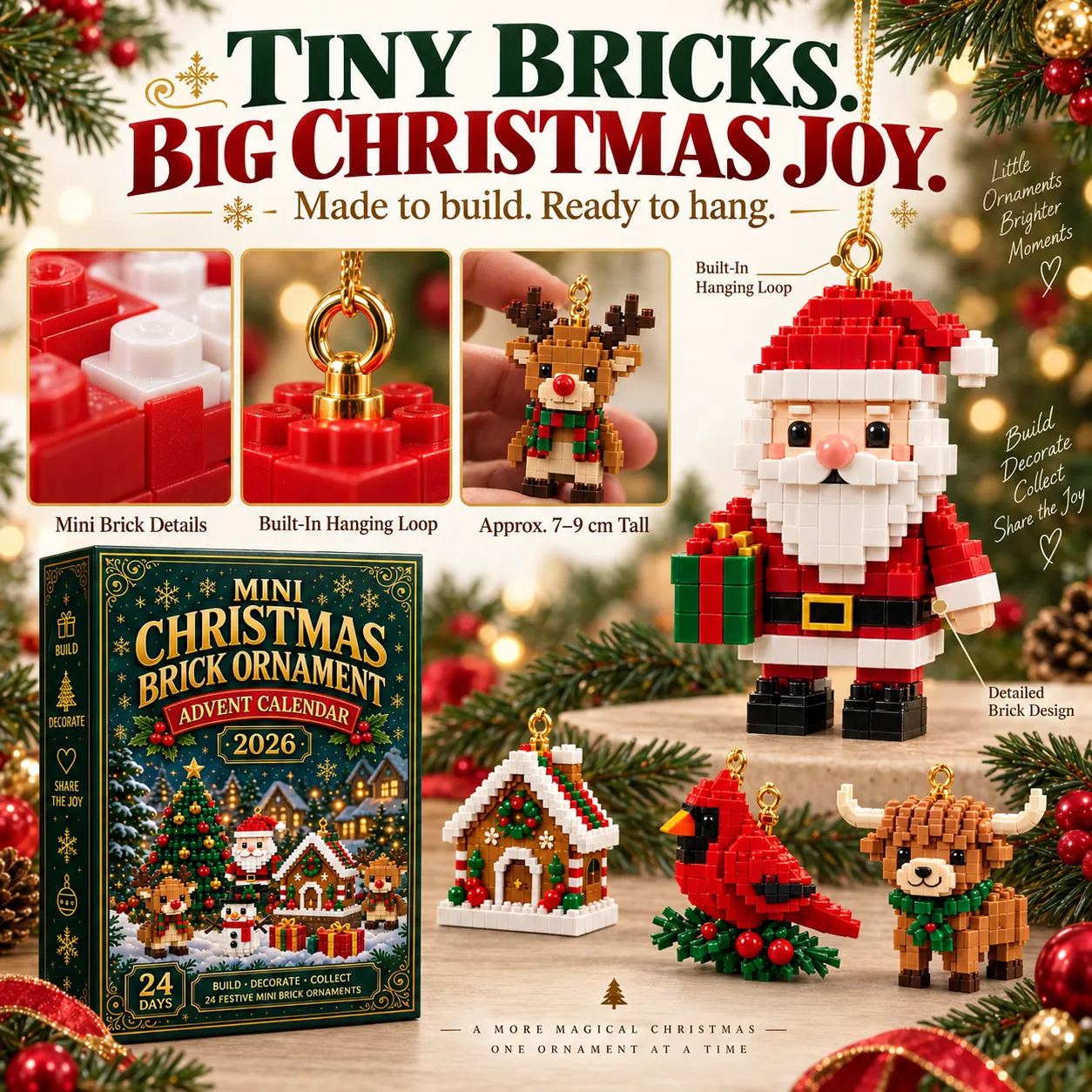 Close-up of mini brick details, built-in hanging loops and approximately 7–9 cm tall ornaments