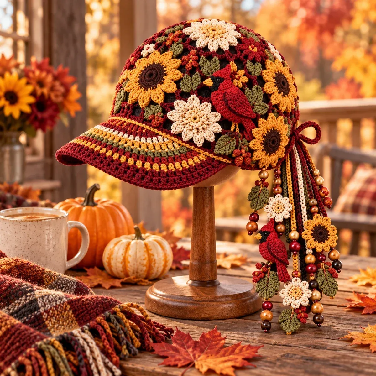 Autumn Bloom Cap styled on a display stand with fall décor