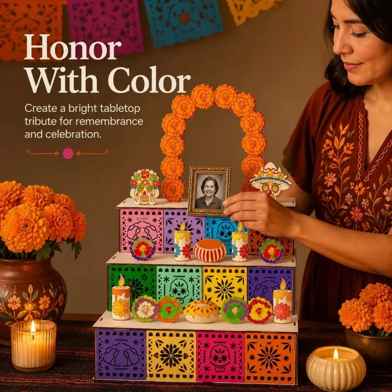 Day of the Dead altar display arranged with decorative details