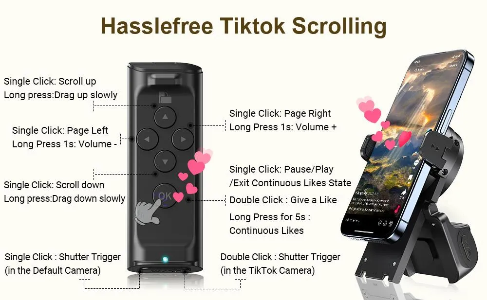 [DealsForYouDays] PUTARE Remote Control for TikTok Scrolling with Phone Stand, Wireless Page Turner, Selfie Camera Shutter Video Recording for iOS Android, Cellphone Selfie Accessory SummerWins