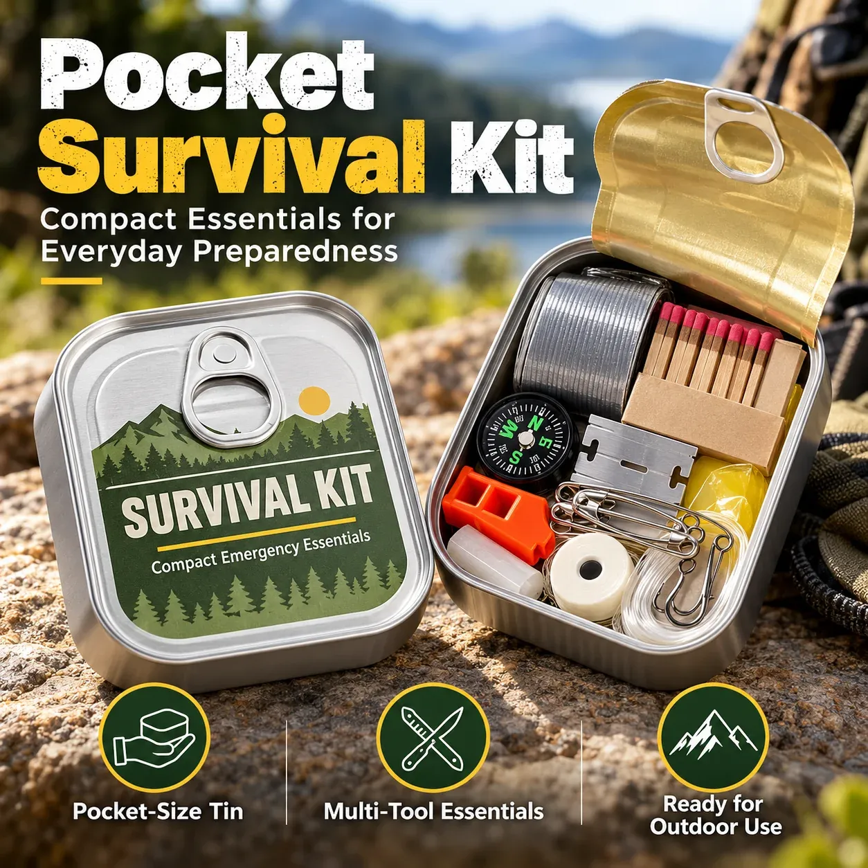 Compact pocket survival kit tin filled with emergency and outdoor preparedness essentials