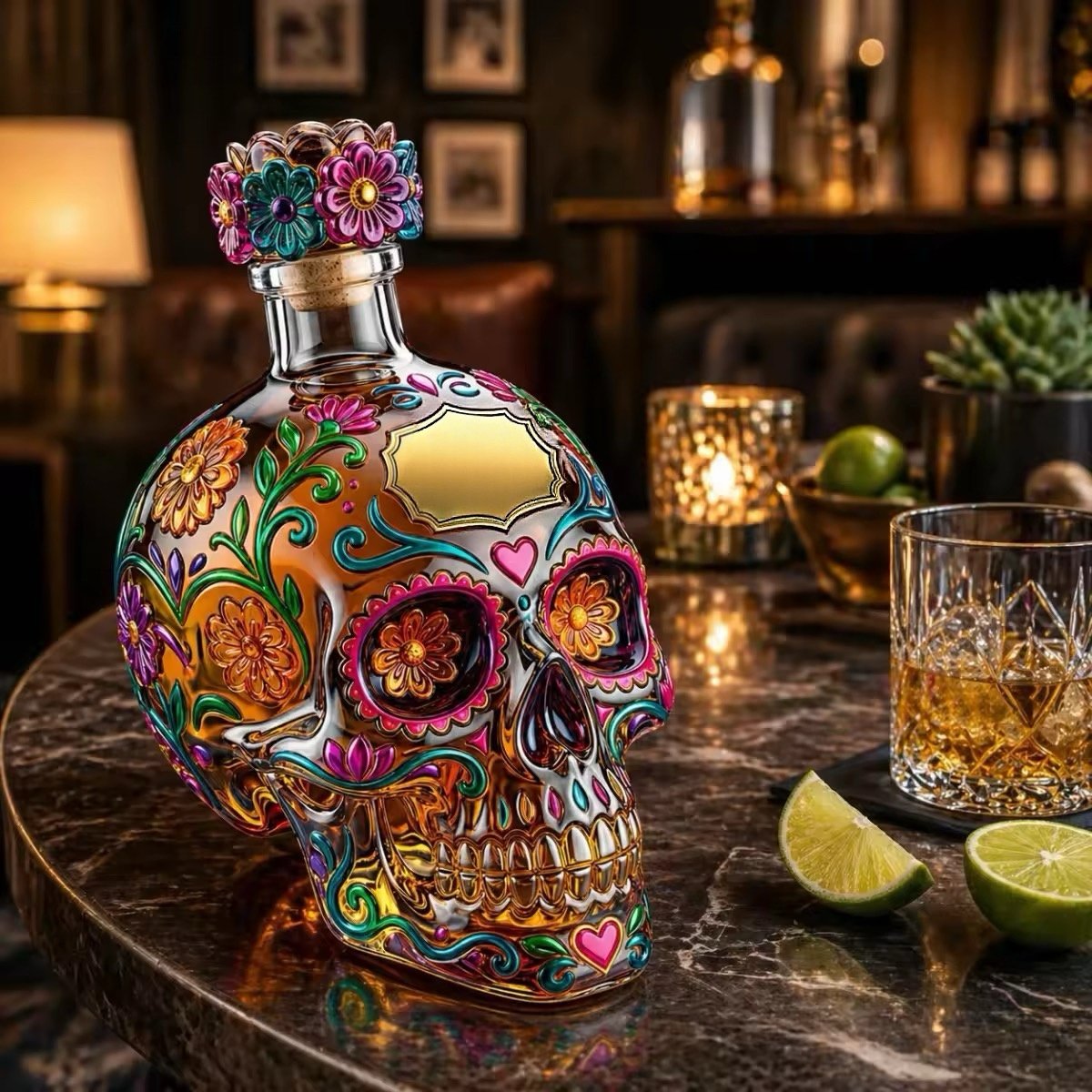 Decorative skull glass bottle on display