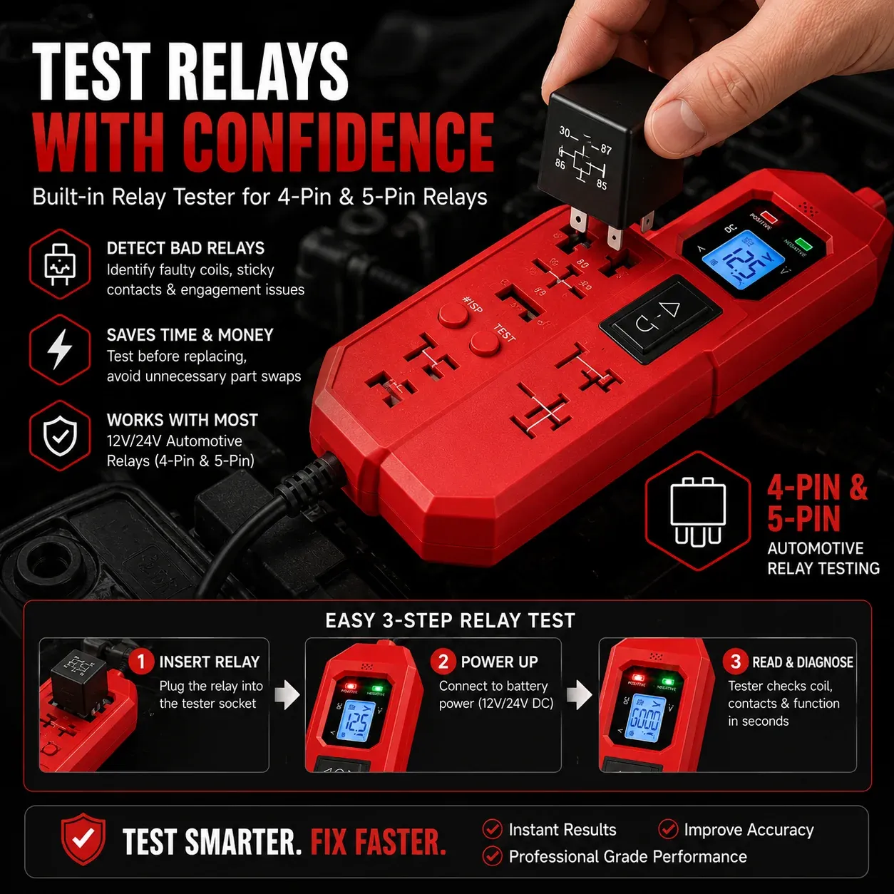 Testing a 4-pin or 5-pin automotive relay with the integrated relay tester