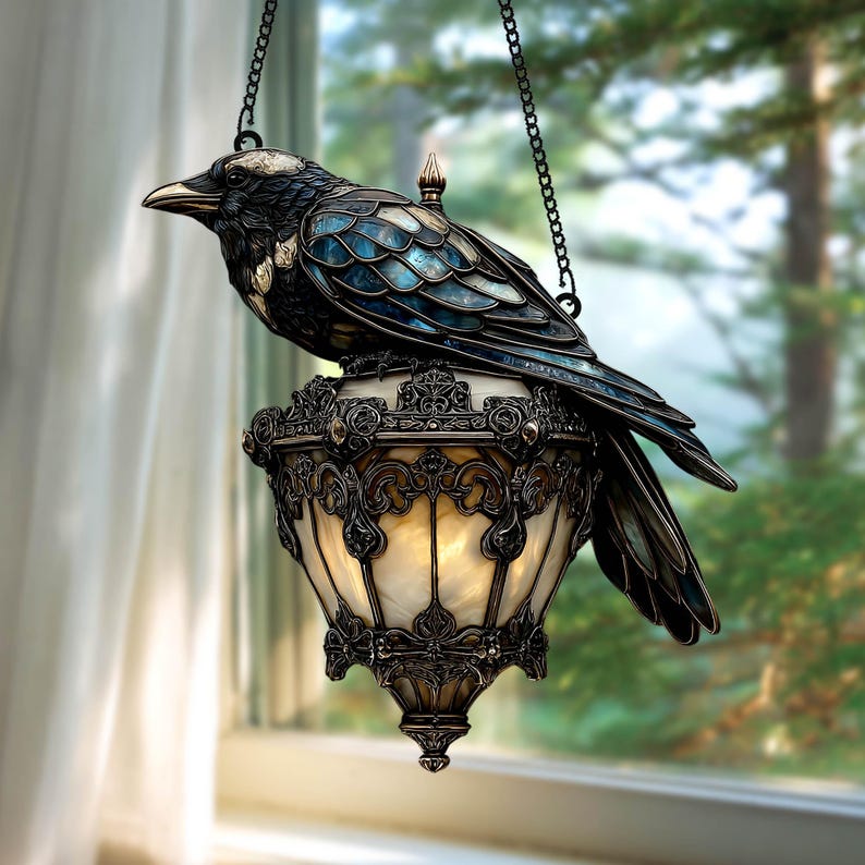 🔥Last Day 49% OFF- 2025 Architecturm®Raven Gothic on Lantern Stained Glass Suncatcher-Halloween Dark Decor