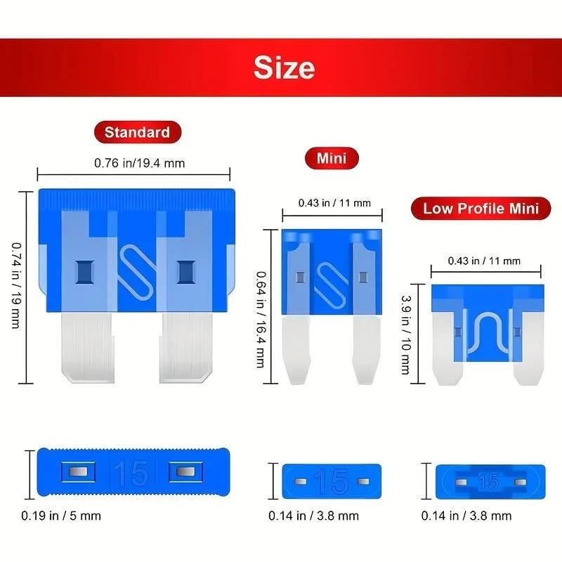 Three types of blade fuses standard mini and low-profile