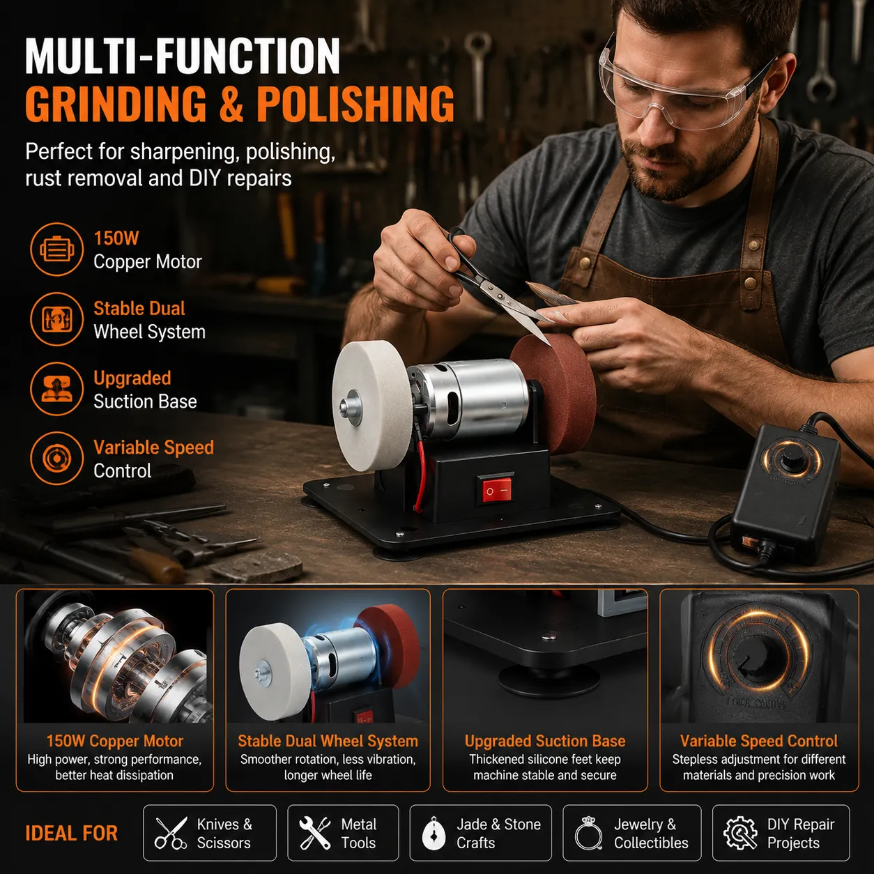 Compact multi-purpose bench grinder