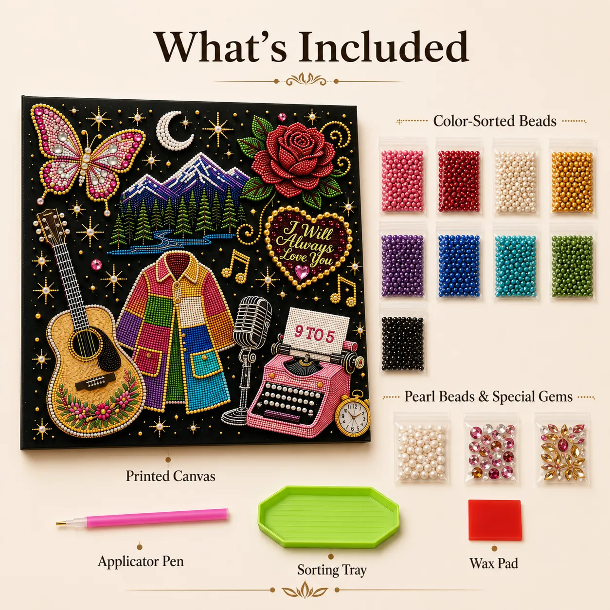 Complete bead art kit with printed canvas, beads, pen, tray, and wax pad Complete bead art kit with printed canvas, beads, pen, tray, and wax pad