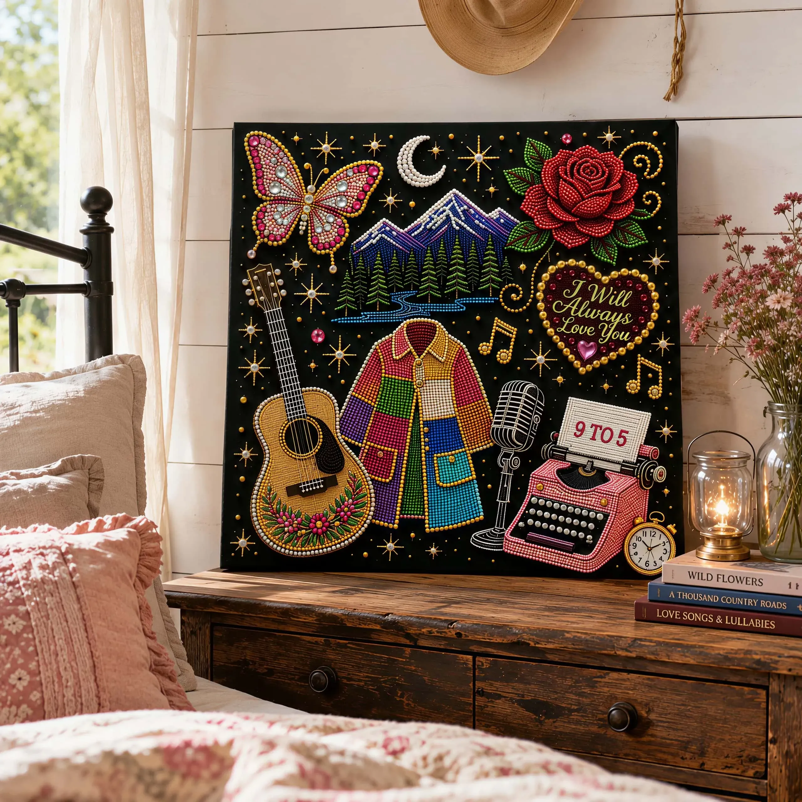 Woman holding a completed country music inspired bead art piece Woman holding a completed country music inspired bead art piece