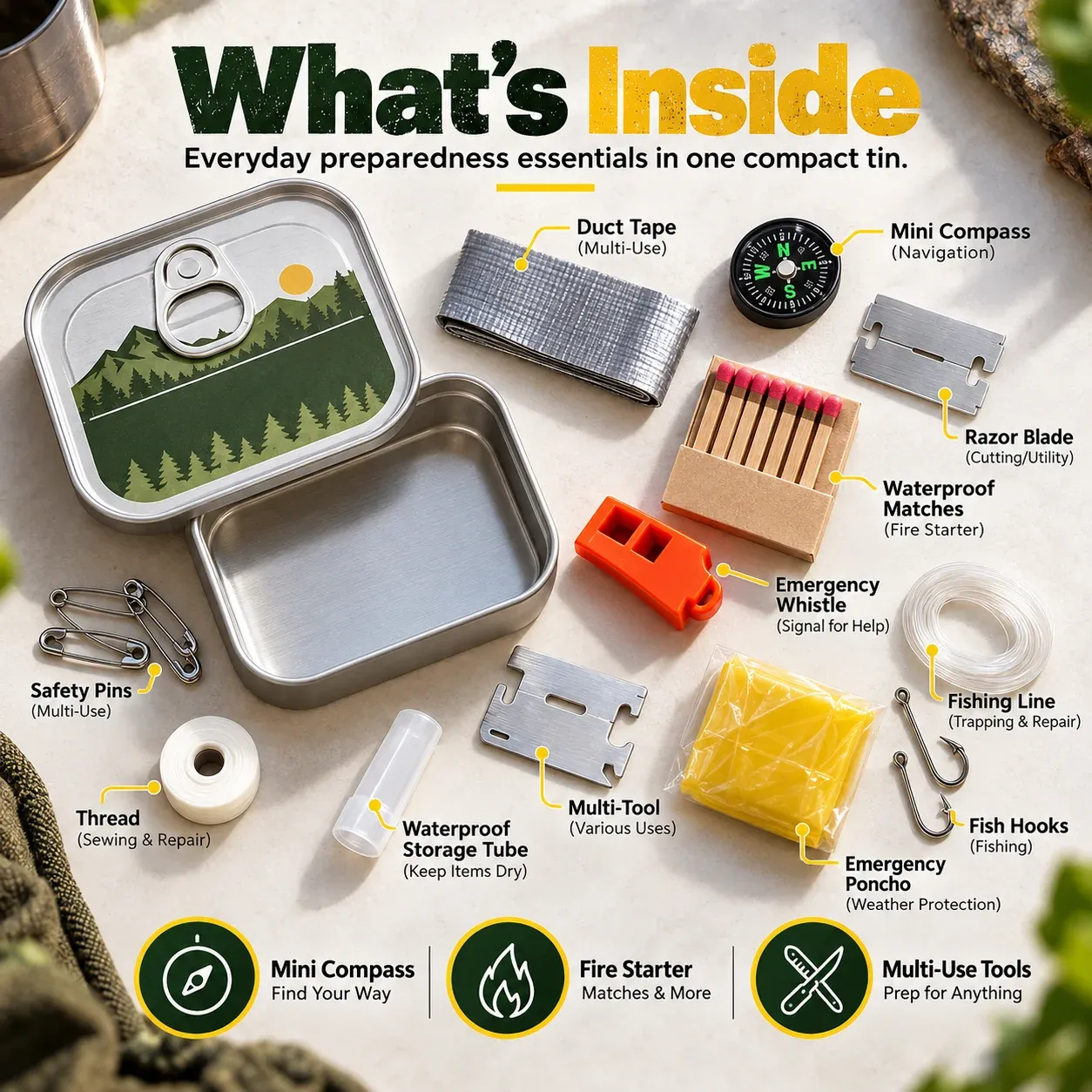 Pocket survival kit contents including compass tape matches whistle thread poncho fishing line hooks safety pins storage tube and utility tools