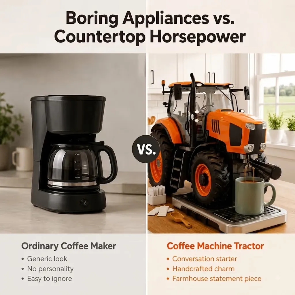 Detailed handcrafted craftsmanship of tractor coffee machine