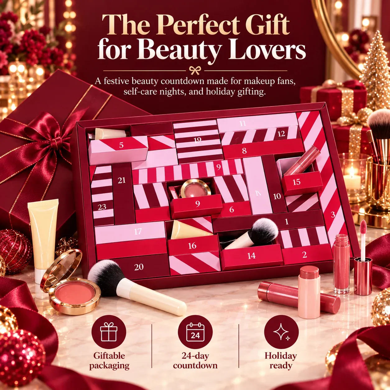 Beauty advent calendar displayed in festive red Christmas gift setting