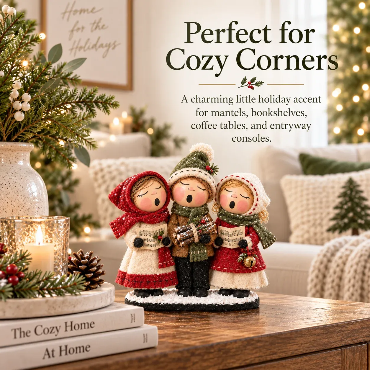 Christmas carolers decorating a cozy corner