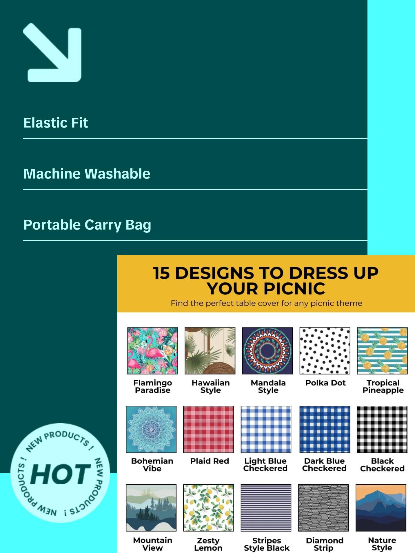 RNOONY Stretch Tablecloth with Bench Covers & Carrying Bag - Waterproof Polyester Picnic Table Cover Set for Outdoor Patio Furniture - 72"x30" Fitted Tablecloth with Elastic All Around - Machine Washable & Durable Design