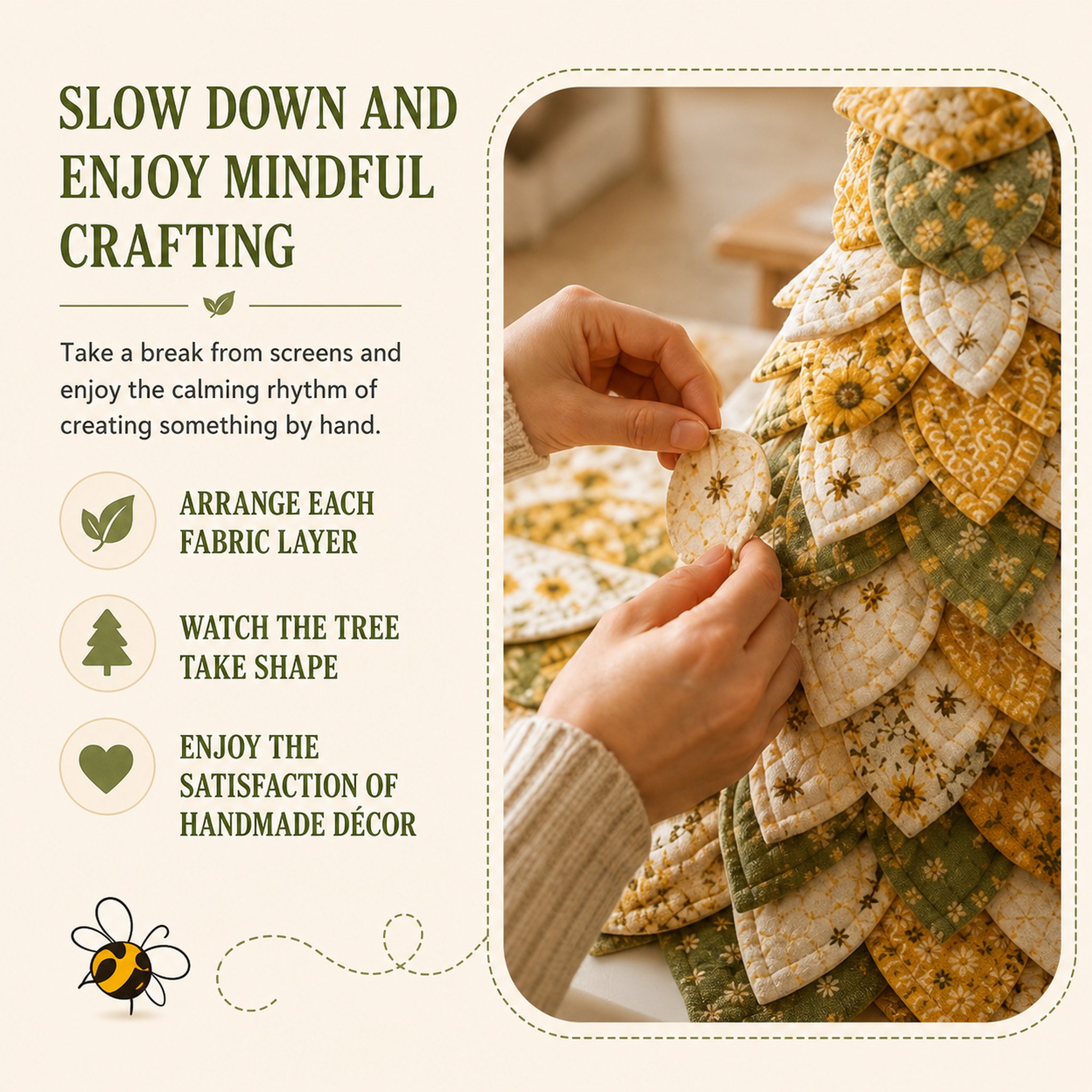 Relaxing mindful crafting sunflower bee fabric tree kit for beginners and craft lovers