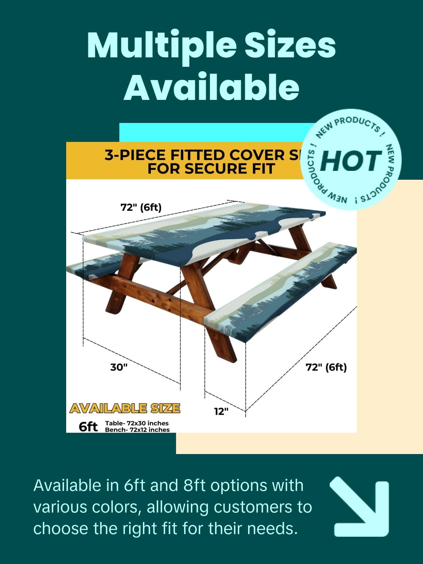 RNOONY Stretch Tablecloth with Bench Covers & Carrying Bag - Waterproof Polyester Picnic Table Cover Set for Outdoor Patio Furniture - 72"x30" Fitted Tablecloth with Elastic All Around - Machine Washable & Durable Design