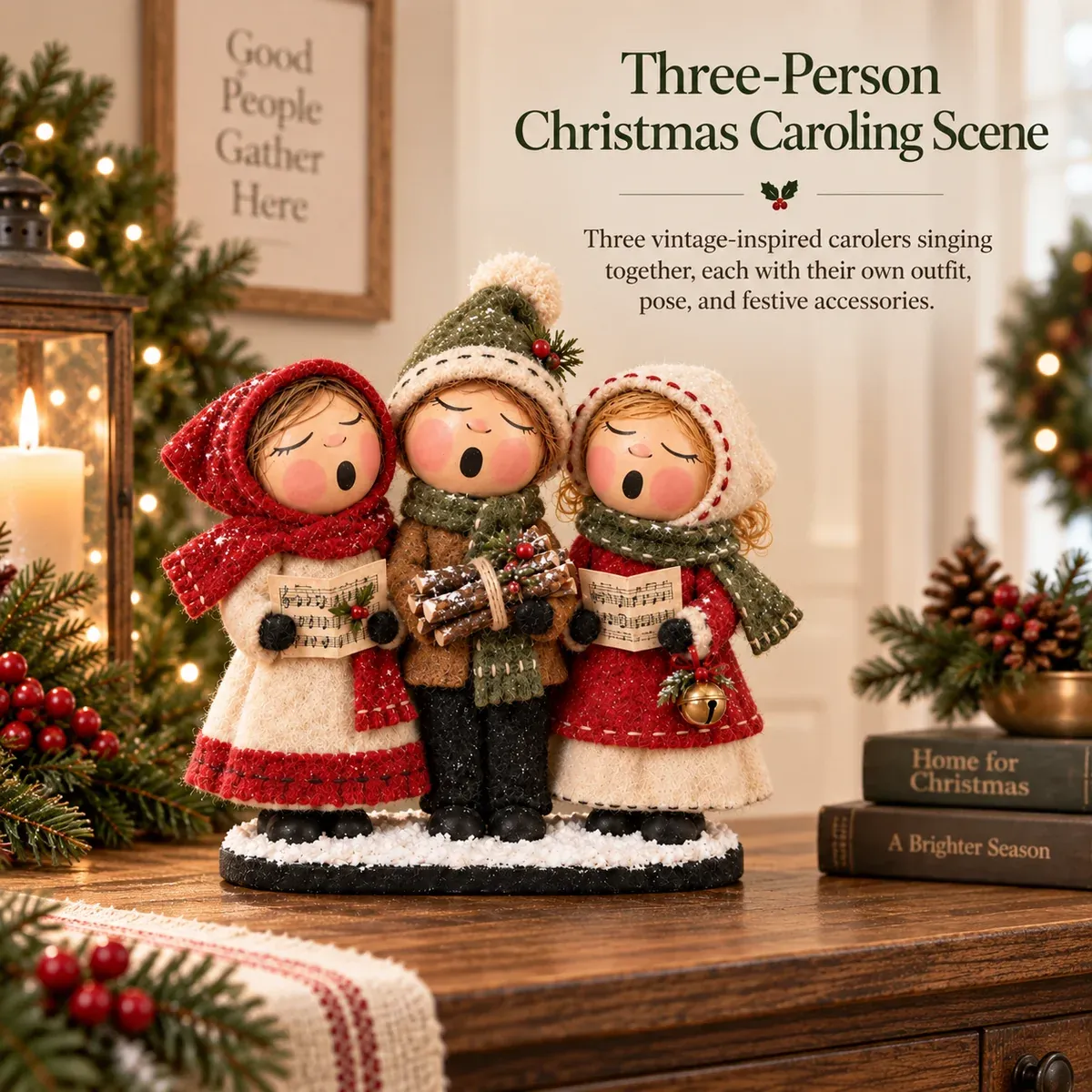 Three person Christmas caroling scene