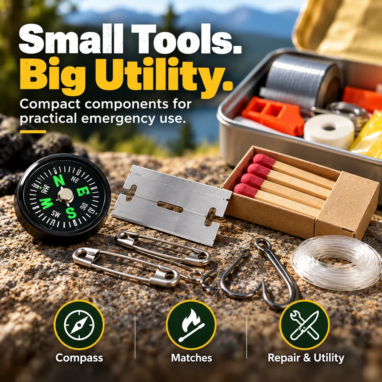 Mini compass matches safety pins fish hooks fishing line and compact utility tool from survival kit