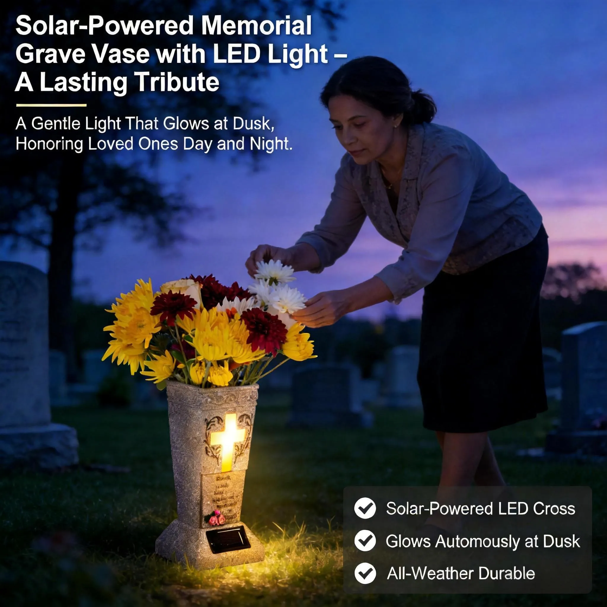 Solar-Powered Memorial Grave Vase with LED Light – A Lasting Tribute 🌹