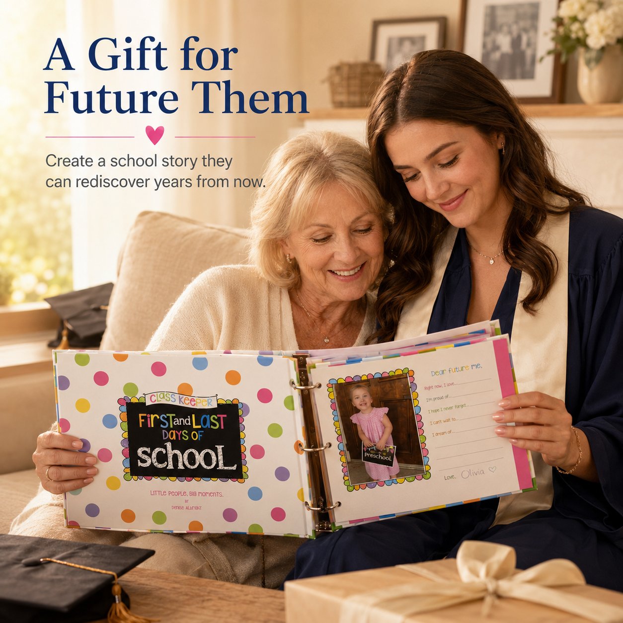 Grandmother and graduate looking through a school memory keepsake binder together in a warm family living room