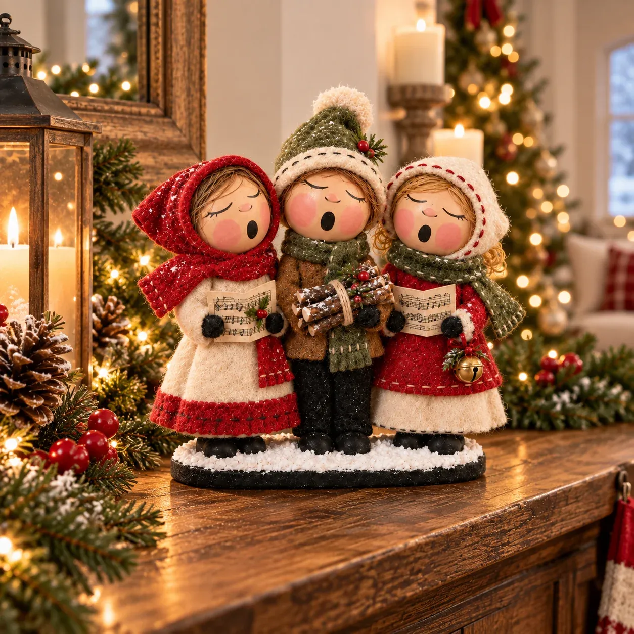 Christmas carolers displayed in a warm holiday home