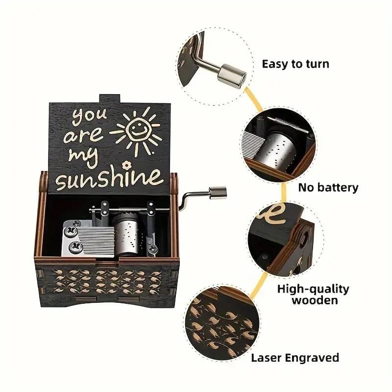 You Are My Sunshine Letter Pattern Music Box, 1 Count Hand Crank Wooden Vintage Laser Engraved Music Box, Gift for Birthday Anniversary Wedding