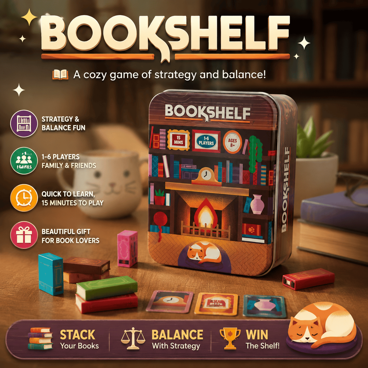Adorable book-shaped and cat meeples