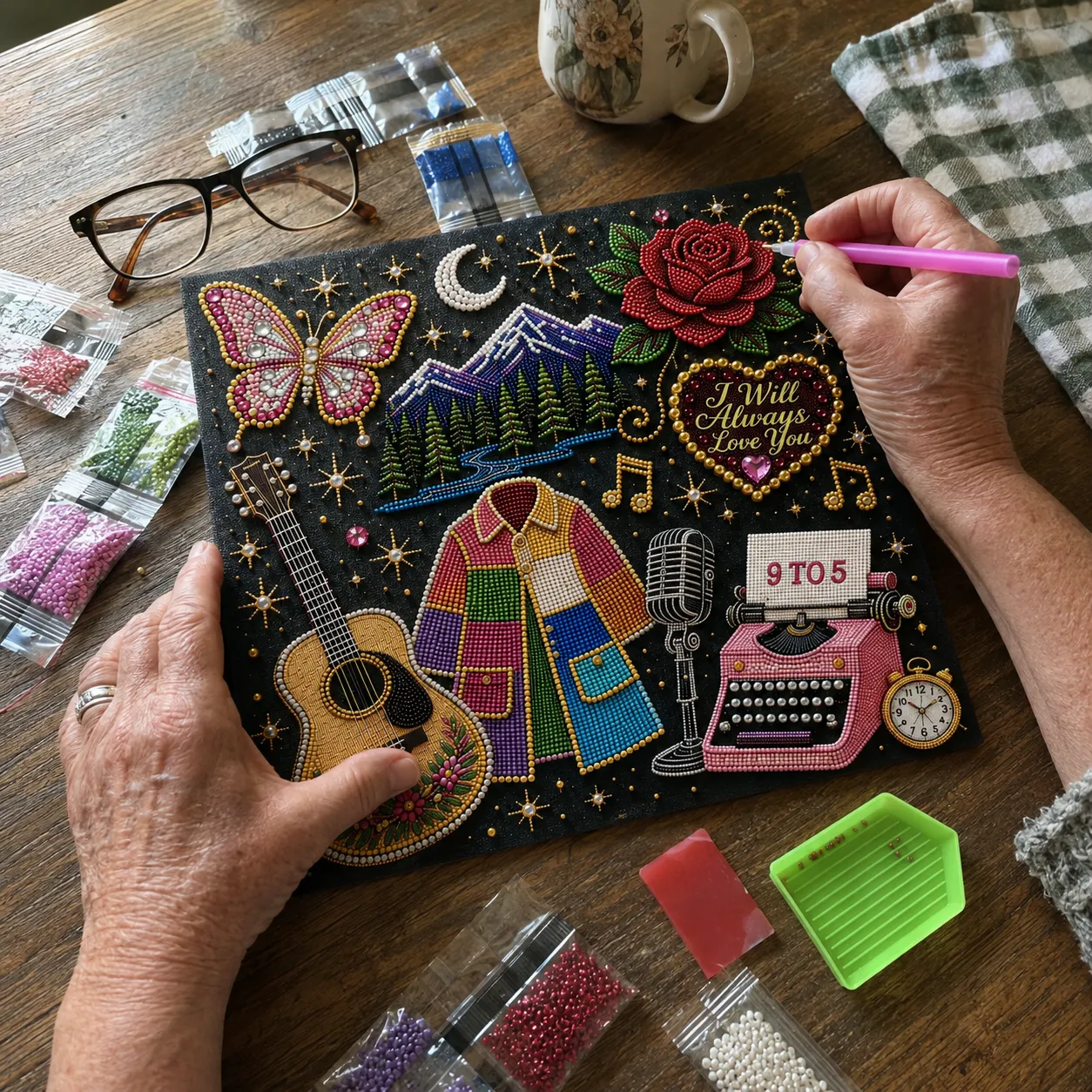 Woman placing beads onto the country music inspired art canvas Woman placing beads onto the country music inspired art canvas