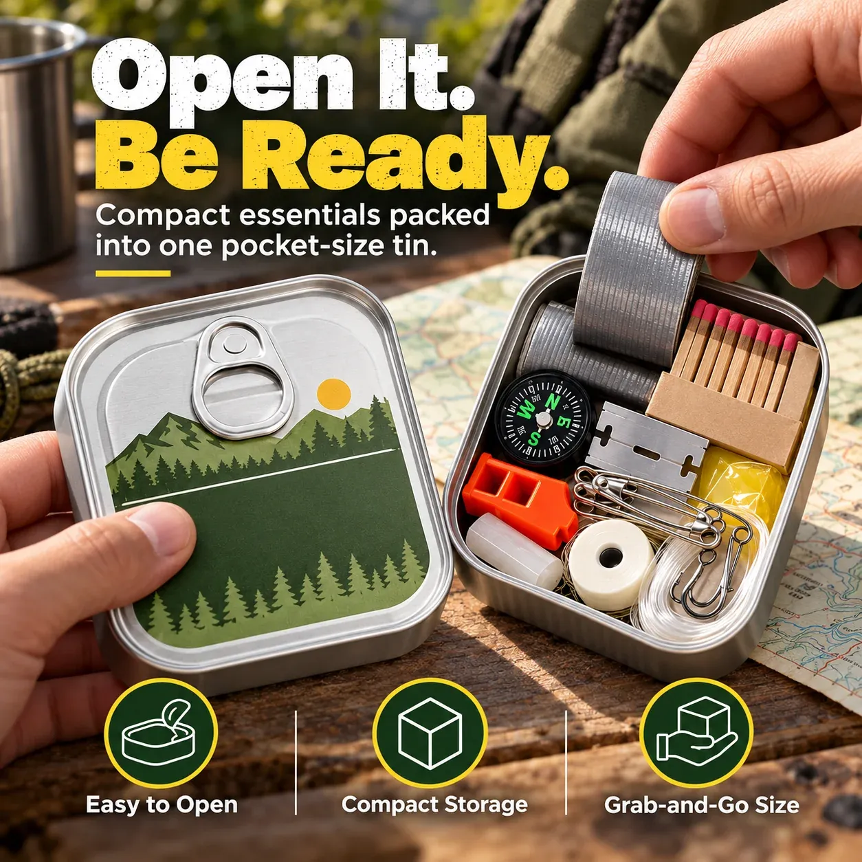 Hands opening compact survival essentials tin with compass tape matches whistle and repair items