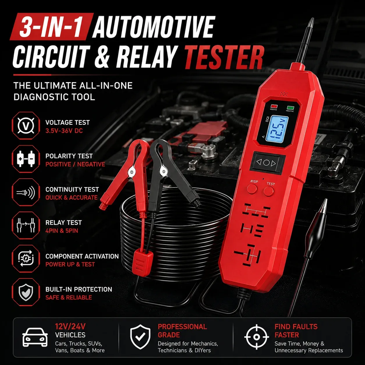 3-in-1 automotive circuit and relay diagnostic tester