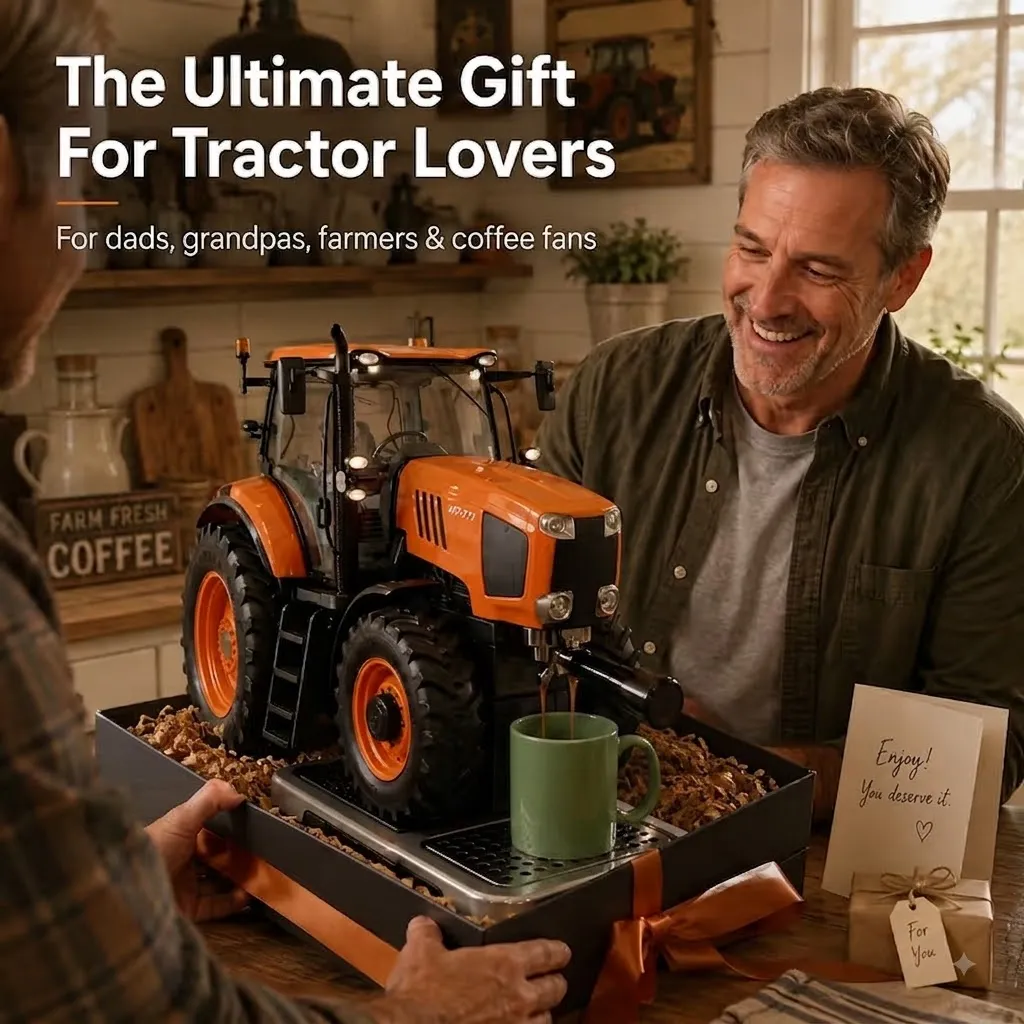 Tractor coffee brewer dispensing fresh hot coffee into cup