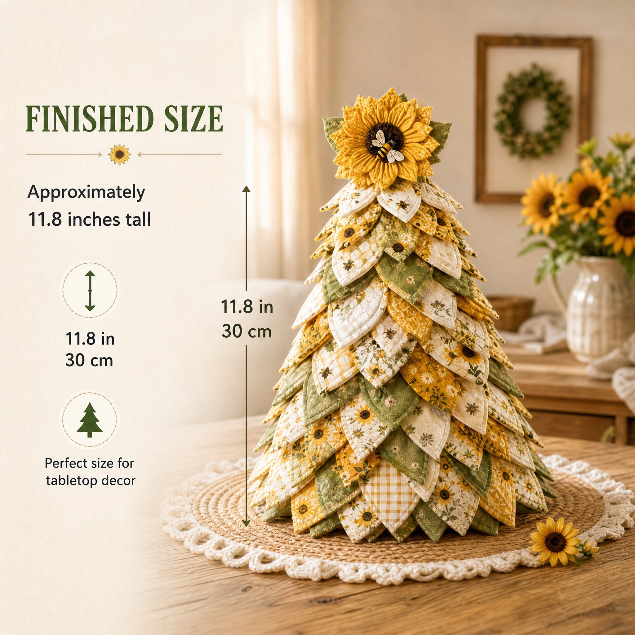 Sunflower Bee Garden Tree DIY Kit package includes pre-cut fabrics base topper embellishments instructions