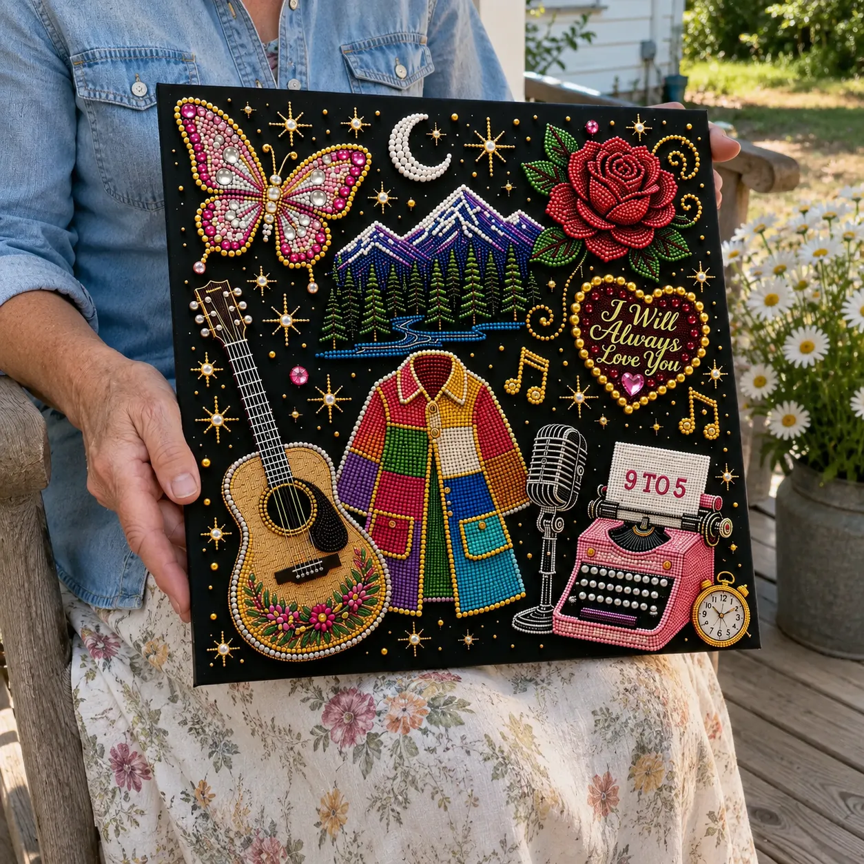 Woman holding finished country music bead art outdoors Woman holding finished country music bead art outdoors