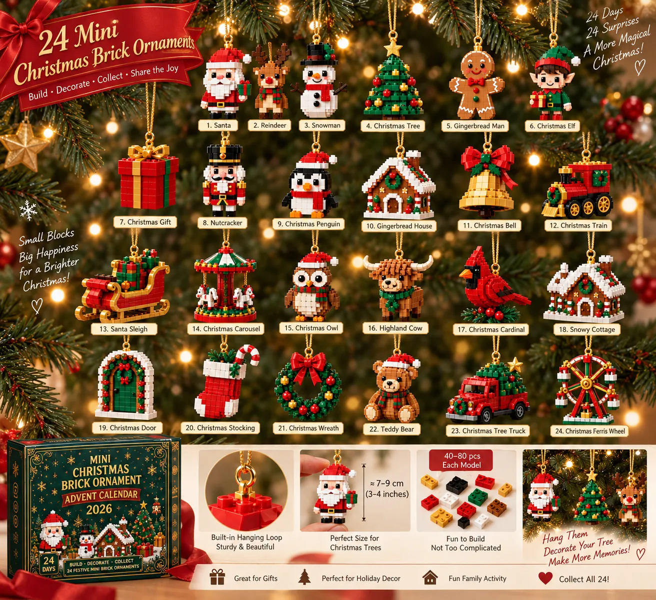 All 24 different Christmas brick ornament designs, including Santa, Highland Cow, cardinal, cottage, train and Ferris wheel