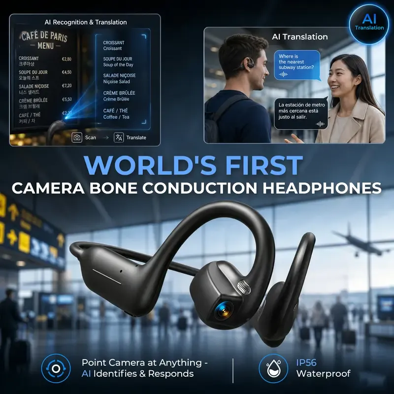 E12 Bone Conduction Open-Ear Audio Glasses with 8MP HD EIS Camera – 160+ Language AI Translation, Bluetooth Sports Headset & IP56 Waterproof Wearable for Cycling, Vlogging & Action Video - Black