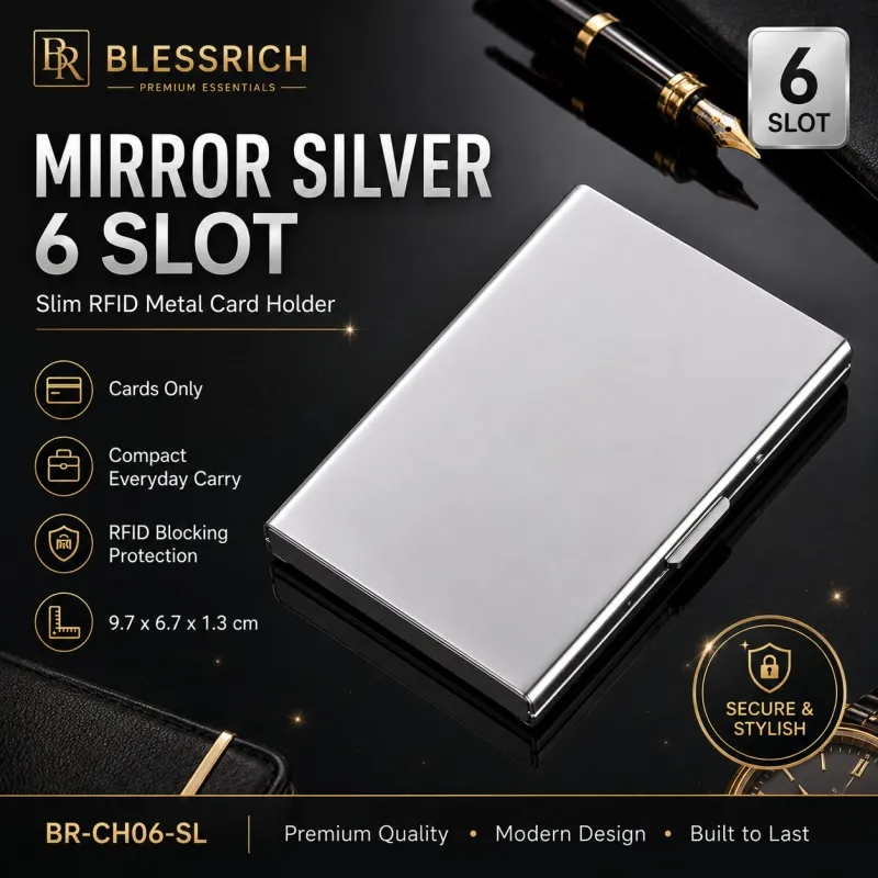 RFID Blocking Metal Card Holder - Mirror Silver / 6 Slot