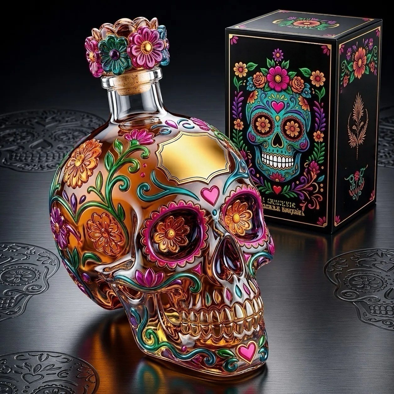 Day of the Dead skull glass bottle display
