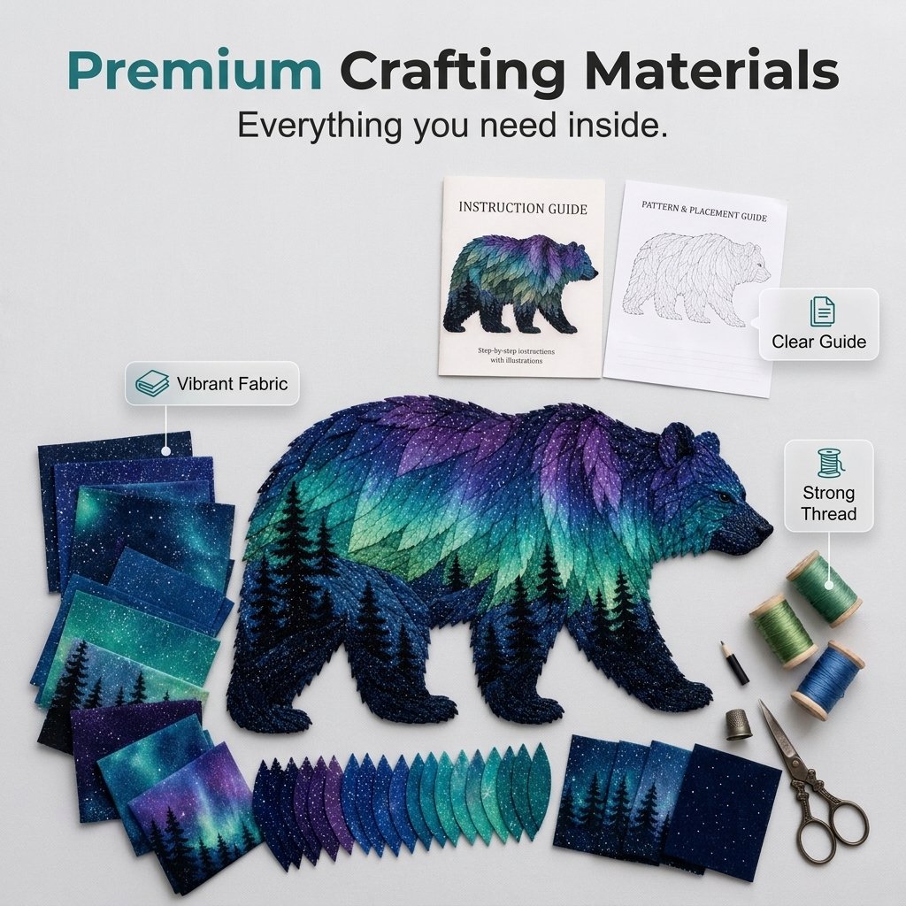 Materials included in Northern Lights wildlife patchwork kit