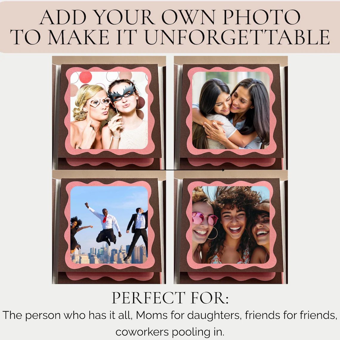 Handmade gift card holder book with customizable photo slots, showing example pictures of friends, moms, daughters, and coworkers, DIY birthday card idea perfect for unique keepsake or group gift.